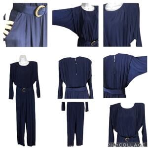 Vintage 80's Navy belted Jumpsuit batwing sleeves shoulder pads size X Small